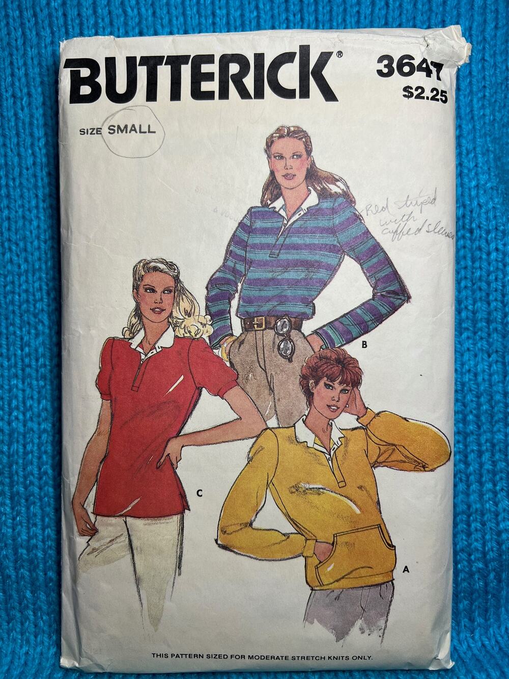 Butterick Sewing pattern 3647 Polo shirt kangaroo pocket 1980s size small
